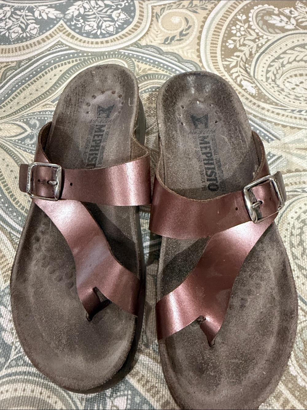 Mephisto Women's Metallic Copper-Brown Leather Buckle Slide Sandals